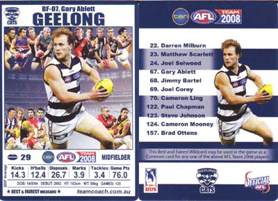 AFL 2008 Teamcoach Team Checklist GEELONG